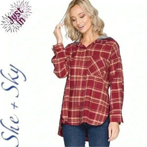 “PJ” Plaid Hooded Button Up Top